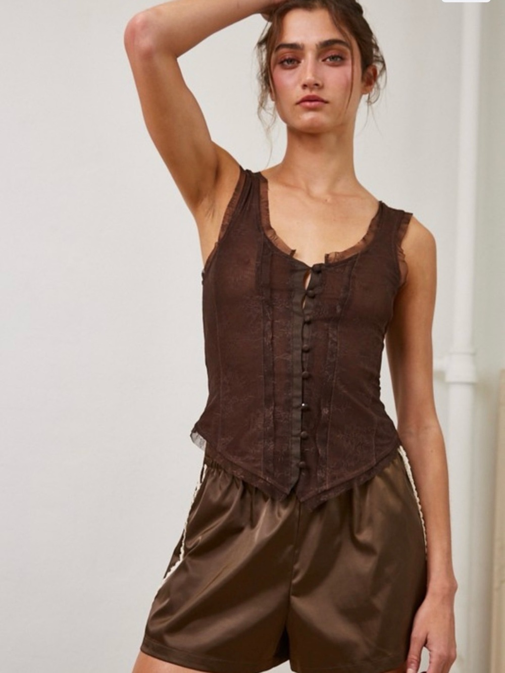 Lior Mesh Lace Button Down Corsette Top